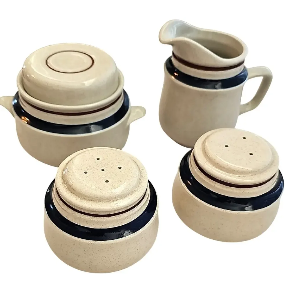 Chateau 1980's Japan Hand Painted Stoneware Kitchen Set w/Navy and Brown Accents